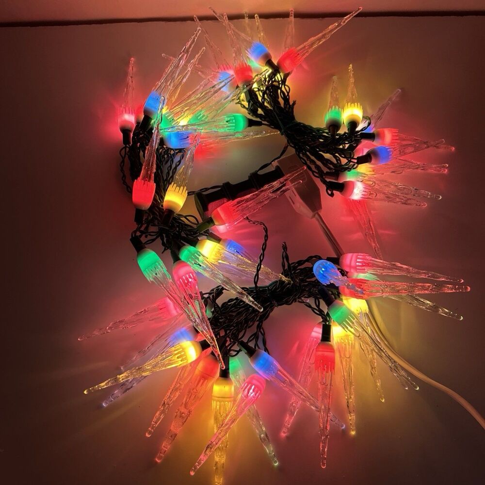 Vtg 60 Icicle Christmas Lights Set Multicolor Reflector Clear Icicles Drip Cover